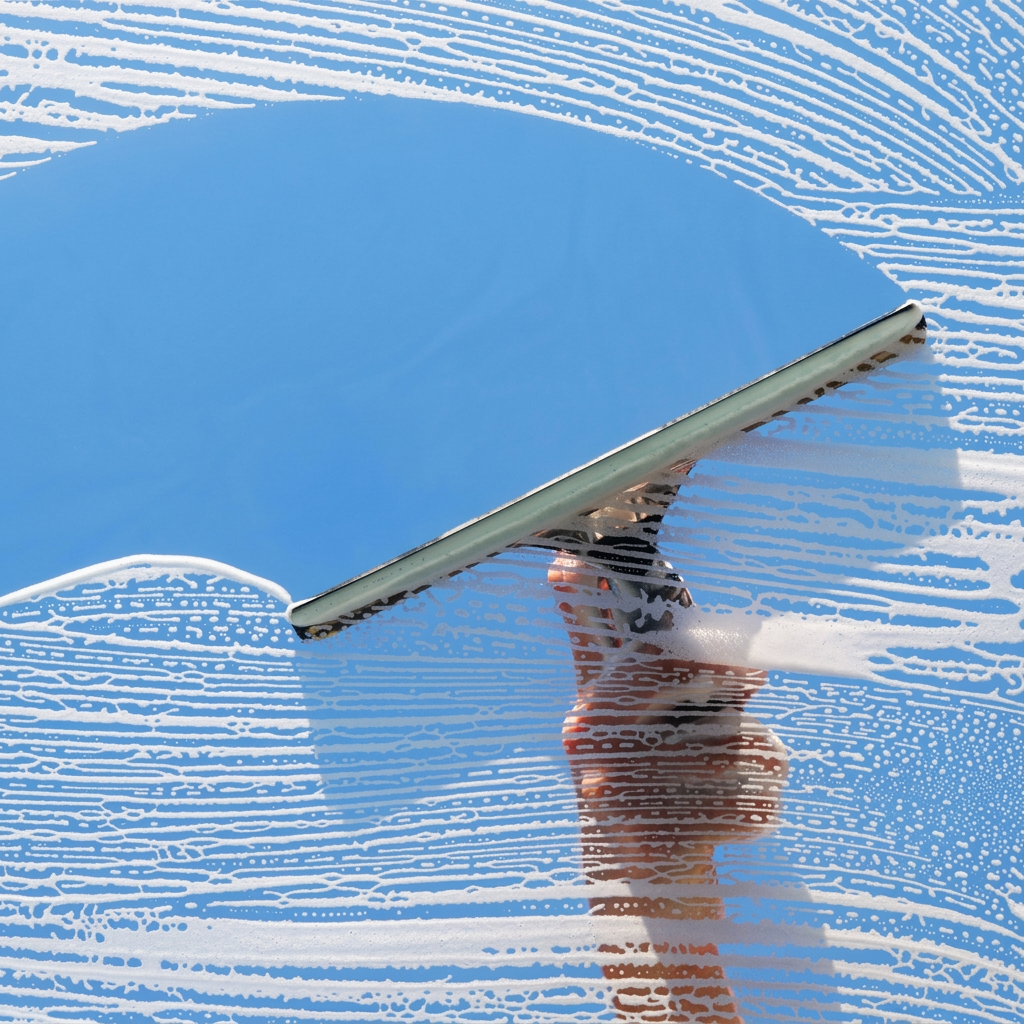Window-cleaning squeegee clearing soap from glass against a blue sky